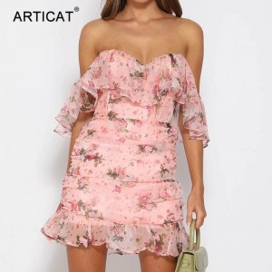 Women Elegant Floral Printed Off Shoulder Double Layer Dress Sexy Strapeless Ruffles Ruched Mini Chiffon Spring Dress